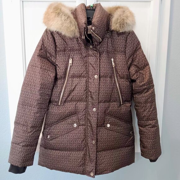Michael Kors All Over Down Jacket Mint Brown Faux Fur Hood - Picture 7 of 8